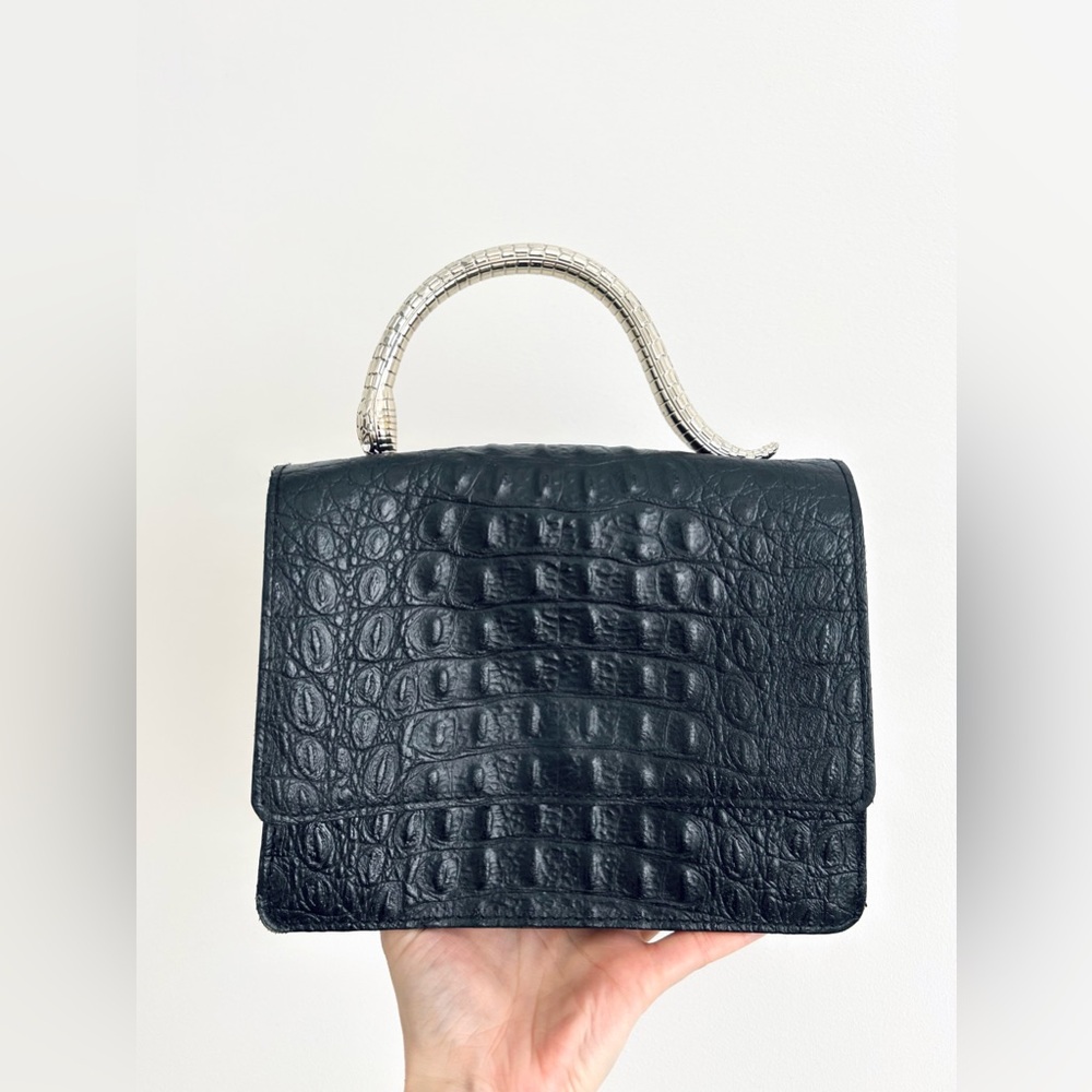 House of Harlow 1960 Black Crocodile-Embossed Leather Handbag Gold Snake Handle